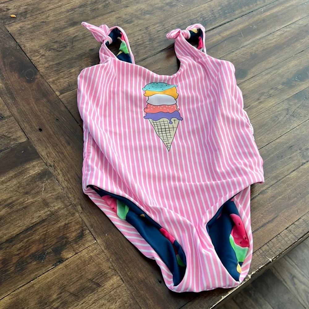 2T (equivalent) - pink striped one piece w/ ice cream graphic and tie sh…